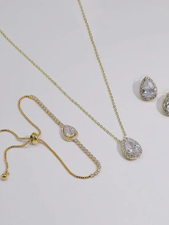 Cubic Zirconia Teardrop Earrings Necklace Bracelet Jewelry Set For Bride Bridesm - Picture 8 of 9